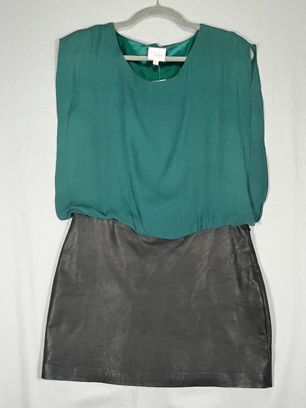 Green Silk Georgette Blouse & Black Leather Miniskirt Faux-Separates Dress NWT